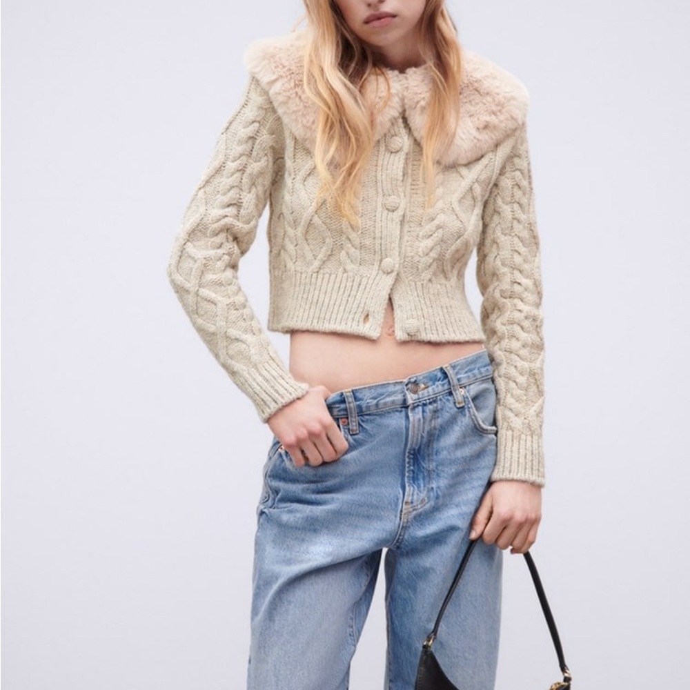 Zara fur collared  cropped sweater size small